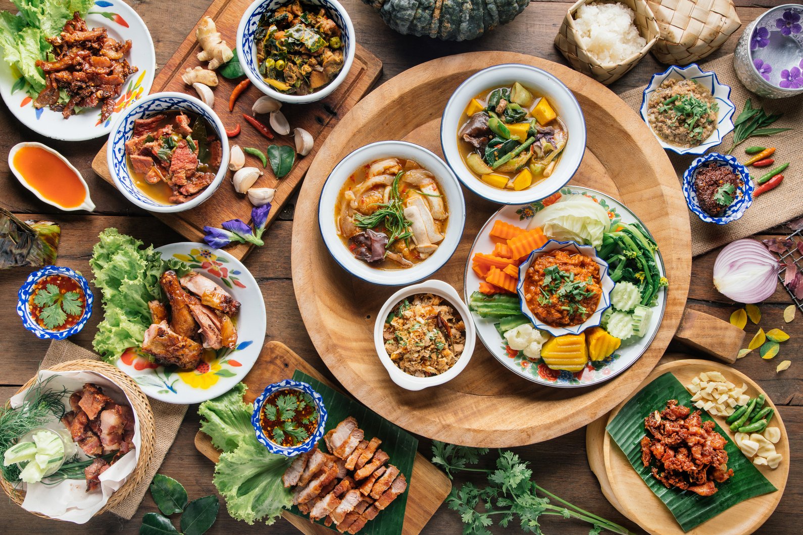 Tradition Northern Thai food. on a wooden table, top view